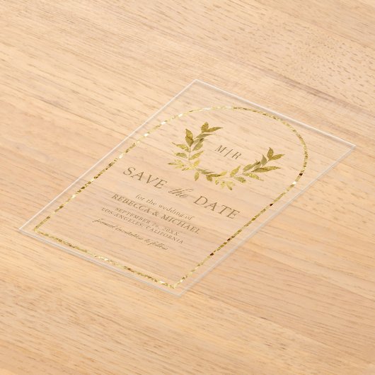 Invitations En Acrylique Gold Laurel Wreath Feuilles mariage Enregistrer la (Poser)