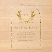 Invitations En Acrylique Gold Laurel Wreath Feuilles mariage Enregistrer la (Recto)