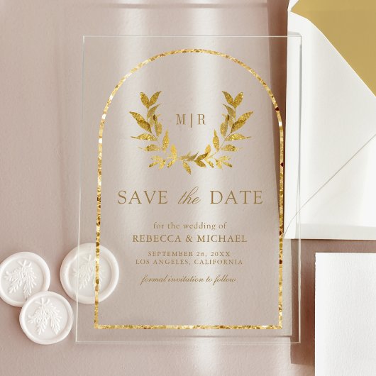 Invitations En Acrylique Gold Laurel Wreath Feuilles mariage Enregistrer la