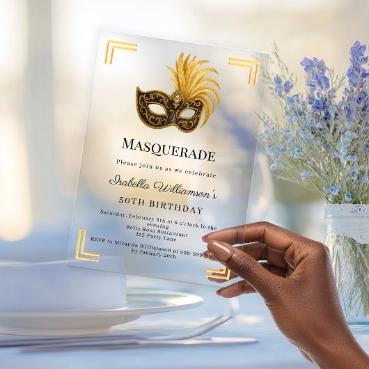 Invitations En Acrylique Gold Masquerade luxury clear birthday party