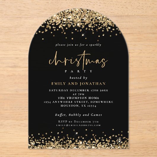 Invitations En Acrylique Gold Parties scintillant Frontières Noël Fête Noir (Recto)