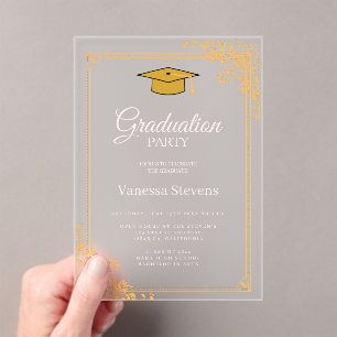 Invitations En Acrylique Gold Pink Classic Graduation Cap Party