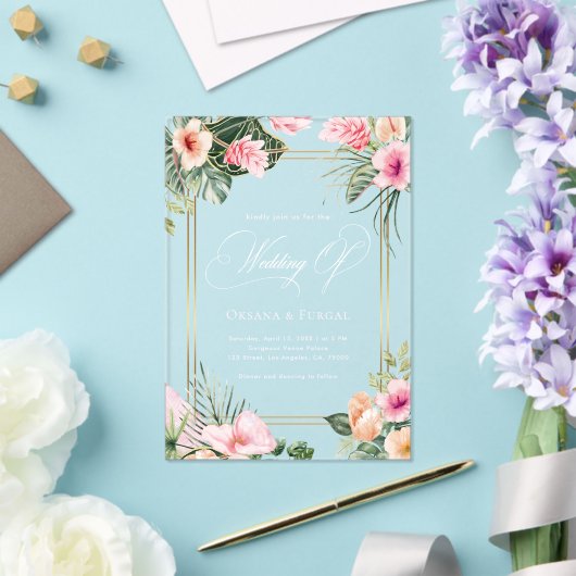 Invitations En Acrylique Gold Pink Tropical Beach Destination Mariage (Insitu (Mariage))