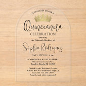 Invitations En Acrylique Gold Quinceañera Crown Chic Script tendance modern (Recto)