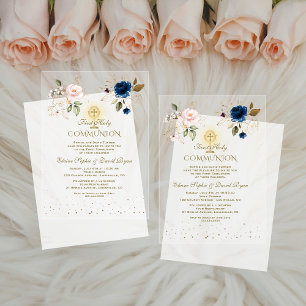 Invitations En Acrylique Gold Rose Blue Floral Twins Première communion sai