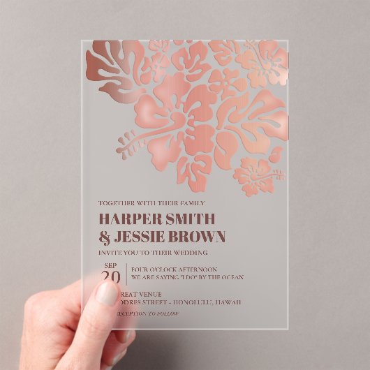 Invitations En Acrylique Gold rose - Mariage de plage d'Hibiscus élégant (In situ (ordinateur de poche))