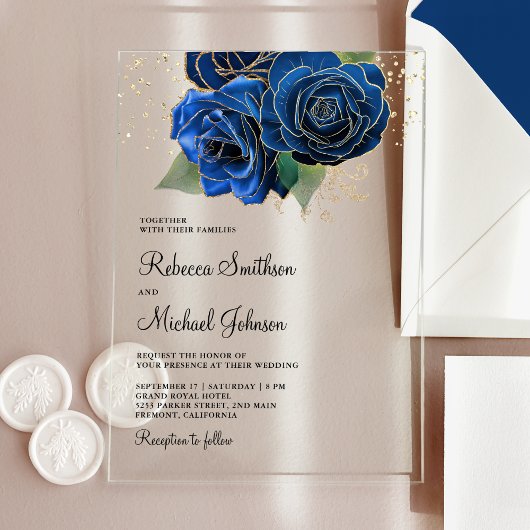Invitations En Acrylique Gold Royal Blue Floral Wedding