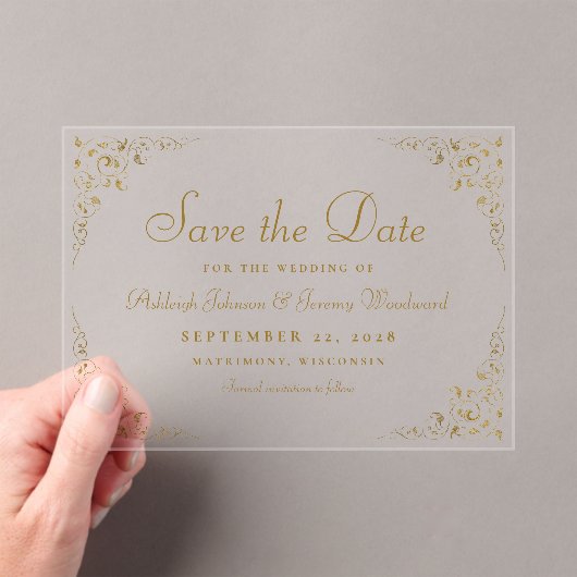 Invitations En Acrylique Gold Script Botanical Frame Wedding Enregistrer la (In situ (ordinateur de poche))