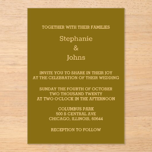 Invitations En Acrylique Gold Script Golden Jaune Brown élégant mariage (Recto)