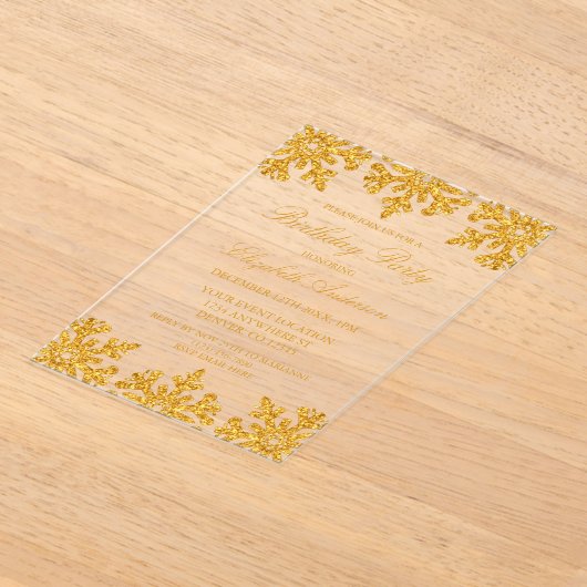 Invitations En Acrylique Gold Snowflake fête d'anniversaire d'hiver (Poser)