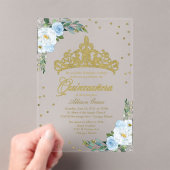 Invitations En Acrylique Gold Tiara Dusty Blue Fleurs Quinceañera (In situ (ordinateur de poche))