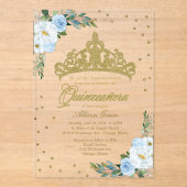 Invitations En Acrylique Gold Tiara Dusty Blue Fleurs Quinceañera (Recto)
