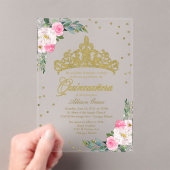 Invitations En Acrylique Gold Tiara Fleurs roses Quinceañera (In situ (ordinateur de poche))