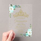 Invitations En Acrylique Gold Tiara Fleurs Turquoises Quinceañera (In situ (ordinateur de poche))