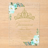 Invitations En Acrylique Gold Tiara Fleurs Turquoises Quinceañera (Recto)