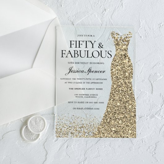 Invitations En Acrylique Golden Dress Womans 50e fête d'anniversaire