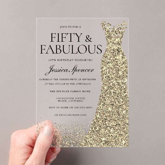 Invitations En Acrylique Golden Dress Womans 50e fête d'anniversaire (In situ (ordinateur de poche))