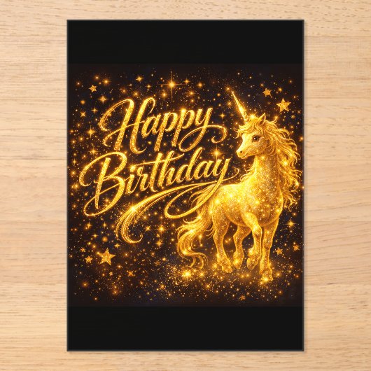 Invitations En Acrylique Golden Stardust Birthday — Fantasy Unicorn (Recto)