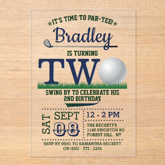 Invitations En Acrylique Golf PAR-TEE 2e anniversaire (Recto)