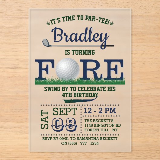 Invitations En Acrylique Golf PAR-TEE 4e anniversaire (Recto)