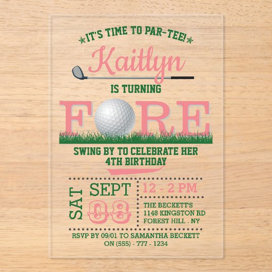 Invitations En Acrylique Golf PAR-TEE 4e anniversaire (Recto)
