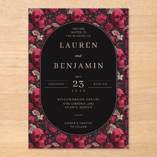 Invitations En Acrylique Gothic Red Floral Skull Border (Recto)