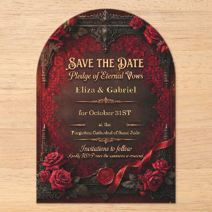 Invitations En Acrylique Gothique Enregistrer la Date avec Rose Rouge et Sc