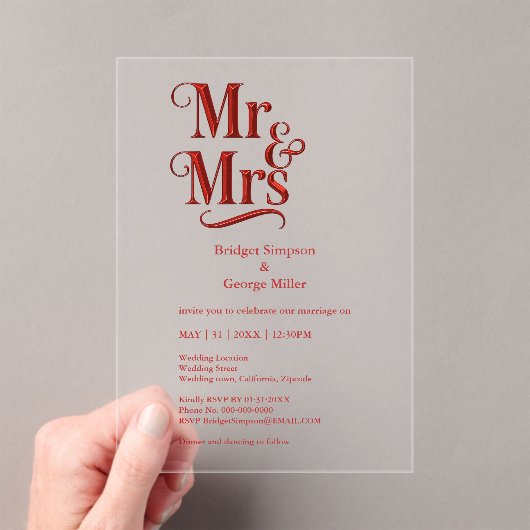 Invitations En Acrylique gothique Mr & Mrs - Script Metallic Rouge (In situ (ordinateur de poche))