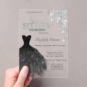 Invitations En Acrylique Gouttes de paillettes argentées,Robe noire pour Sw