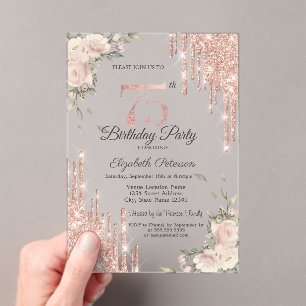 Invitations En Acrylique Gouttes de paillettes chic, Fleurs Rose Gold 75e A
