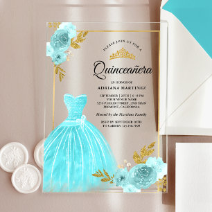 Invitations En Acrylique Gown étincelante Aqua Blue Floral Gold Quinceanera
