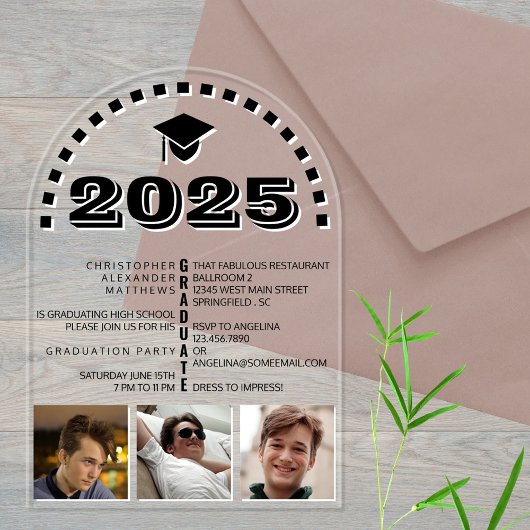 Invitations En Acrylique Grad 2025 Cool 3 Photo Collage Black White Party