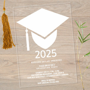 Invitations En Acrylique Grad 2025 Modern Formal White Casquette Graduation