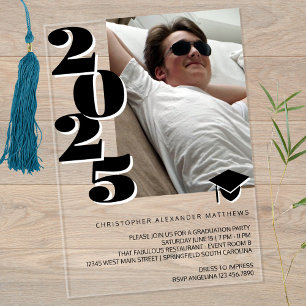 Invitations En Acrylique Grad 2025 Modern Photo Black And White Cool Party