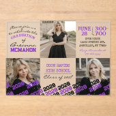 Invitations En Acrylique Graduation unique violet et noir 3 photo givré (Recto)