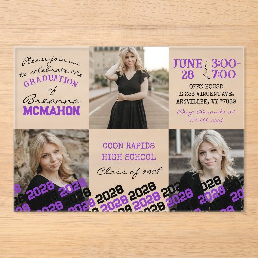 Invitations En Acrylique Graduation unique violet et noir 3 photo givré (Recto)