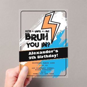 Invitations En Acrylique Graffiti d'anniversaire de garçon Bruh Orange Bleu