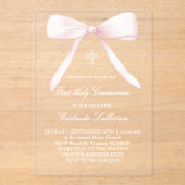 Invitations En Acrylique grand nœud rose | Première Communion (Recto)