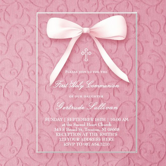 Invitations En Acrylique grand nœud rose | Première Communion