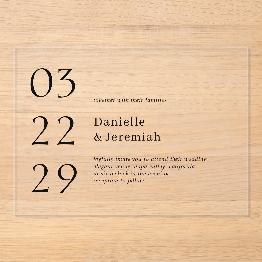 Invitations En Acrylique Gras Date Clean Minimal Élégant Mariage moderne (Recto)