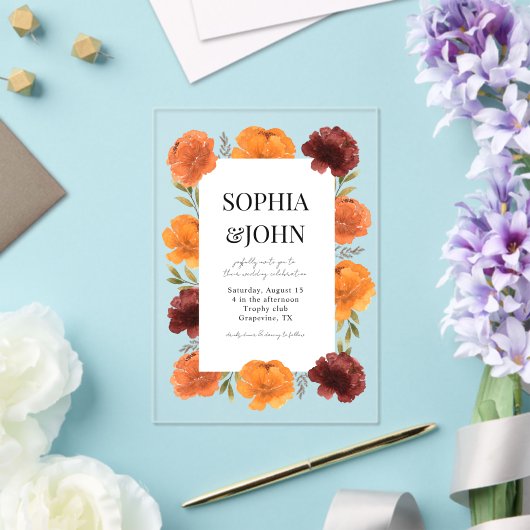 Invitations En Acrylique Gras Orange Fleurs en fleurs Mariage transparent (Insitu (Mariage))