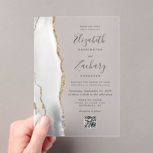 Invitations En Acrylique Gray White Gold Agate QR Code Wedding (In situ (ordinateur de poche))