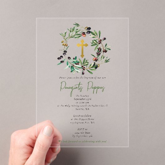 Invitations En Acrylique Grec Orthodoxe baptême Baptême Olives Verdure (In situ (ordinateur de poche))