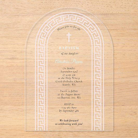 Invitations En Acrylique Grec Orthodoxe baptême Baptême rose Clé grecque (Recto)