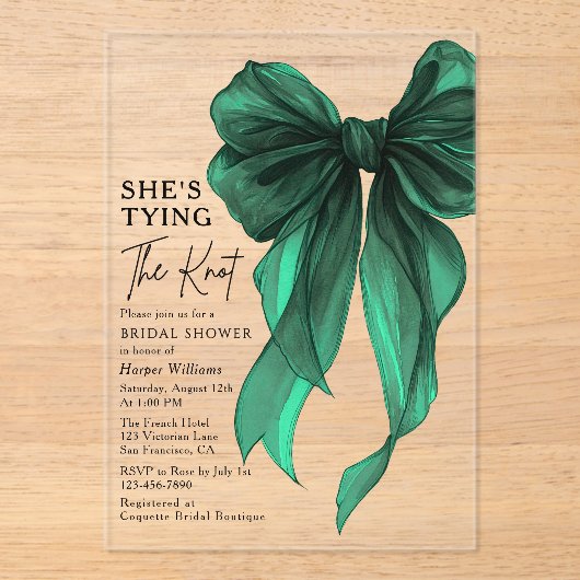 Invitations En Acrylique Green Bow She's Tying The Knot Bridal Shower (Recto)