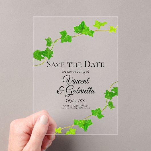 Invitations En Acrylique Green English Ivy Vine Wedding Enregistrer la date (In situ (ordinateur de poche))