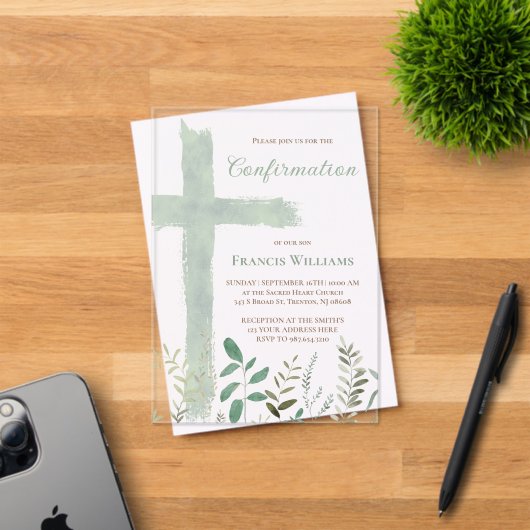 Invitations En Acrylique green watercolor cross Confirmation (Insitu (Carte d'invitation))