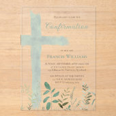 Invitations En Acrylique green watercolor cross Confirmation (Recto)
