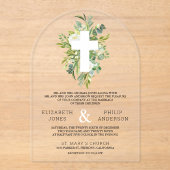Invitations En Acrylique Greenery Cross Catholic Wedding (Recto)