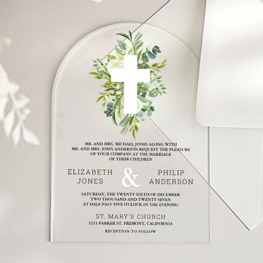 Invitations En Acrylique Greenery Cross Catholic Wedding
